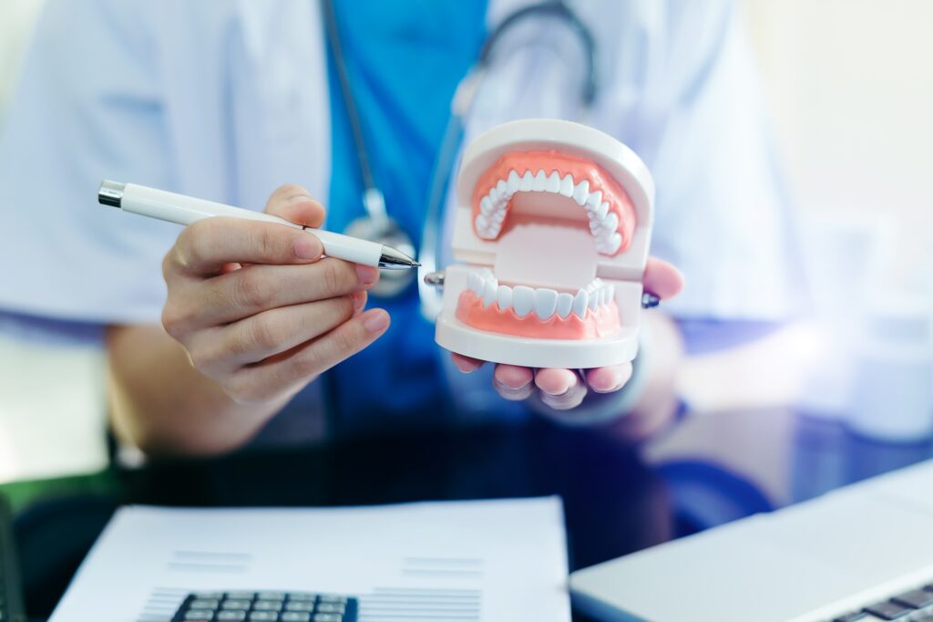อาการฟันคุดเมื่อไหร่ควรพบแพทย์ Concentrated dentist sitting at table with jaw samples tooth model and working with tablet